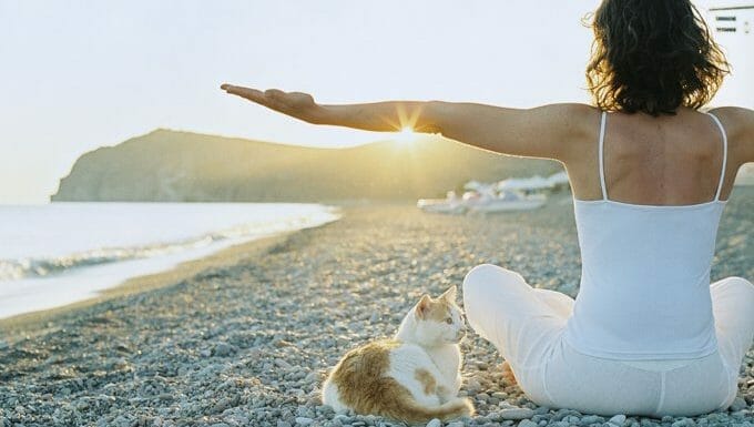 mujer haciendo yoga en la playa con gato