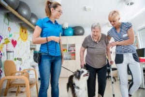 Cuidadores que ayudan a una anciana a caminar con un perro en una casa de retiro
